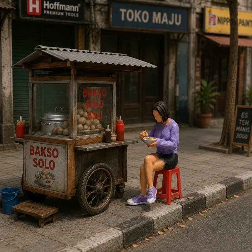 Miniature toy figure Siska makan bakso skala 1/64 diorama diecast image 1