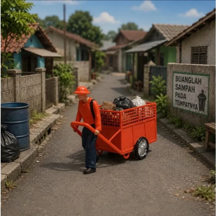 Miniature toy Figure Pasukan oren dan gerobak sampah skala 1/64 diorama diecast image 1