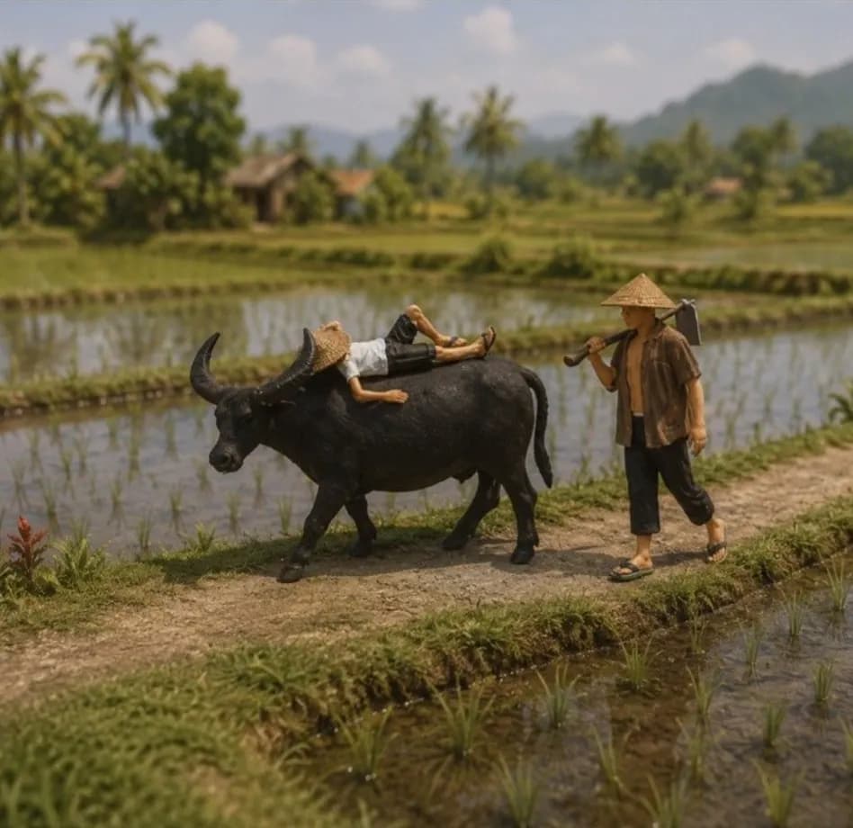 Miniature figure kerbau, anak gembala dan paman cangkul skala 1/64 diorama diecast