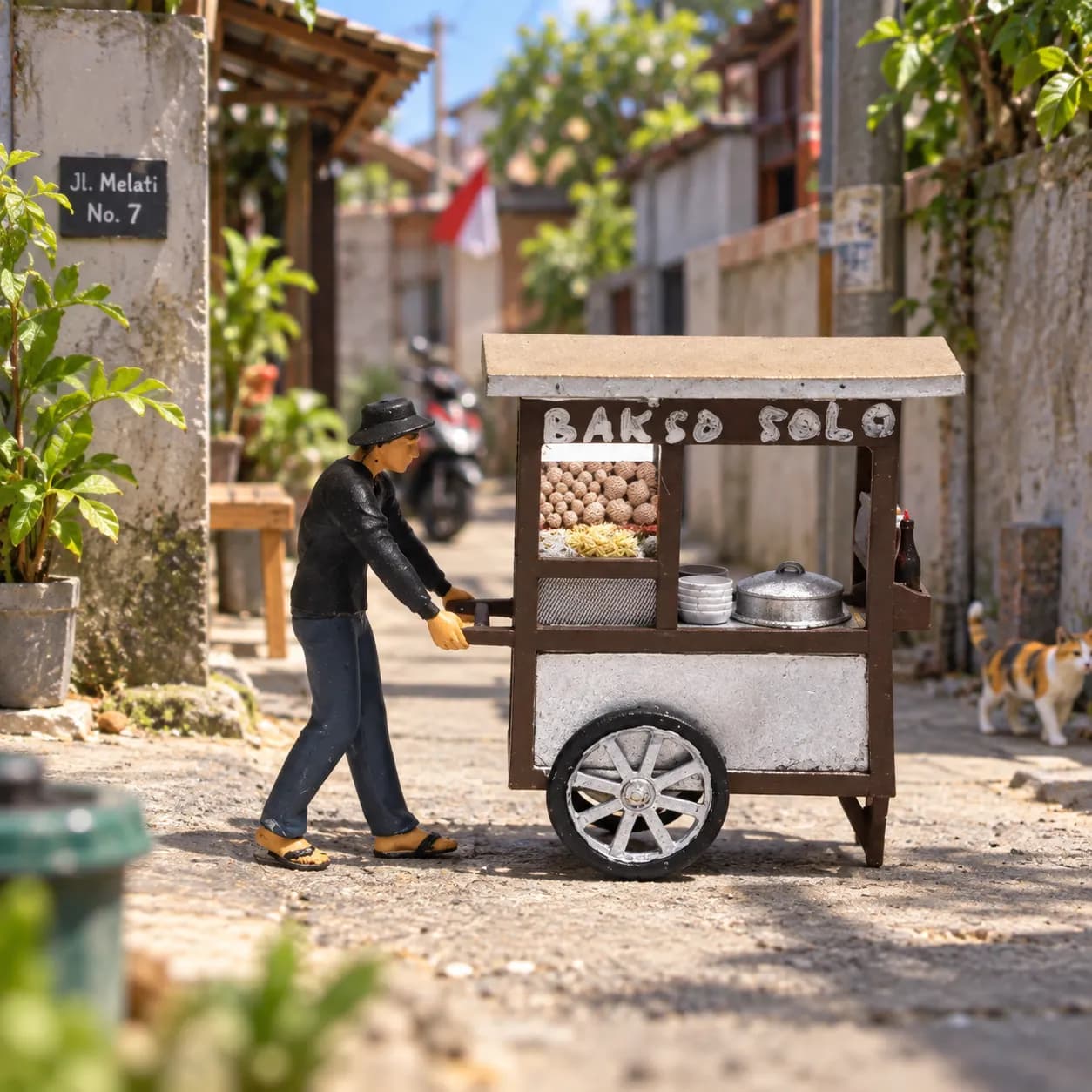 Figure Mamang dorong gerobak bakso skala 1/64 diorama